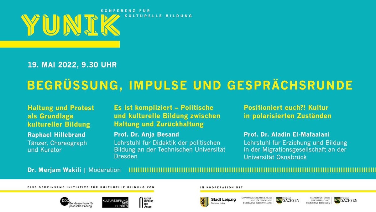 Die #YUNIK Konferenz für kulturelle Bildung startet heute mit der Frage: Wieviel Haltung braucht es in der kulturellen Bildung? Den Livestream dazu findet ihr ab 09:30 Uhr auf yunik-konferenz.de oder auf YouTube: youtu.be/3G2gSsO3dIo

<a href="/LaenderKultur/">Kulturstiftung der Länder</a> <a href="/kulturstiftung/">Kulturstiftung</a>