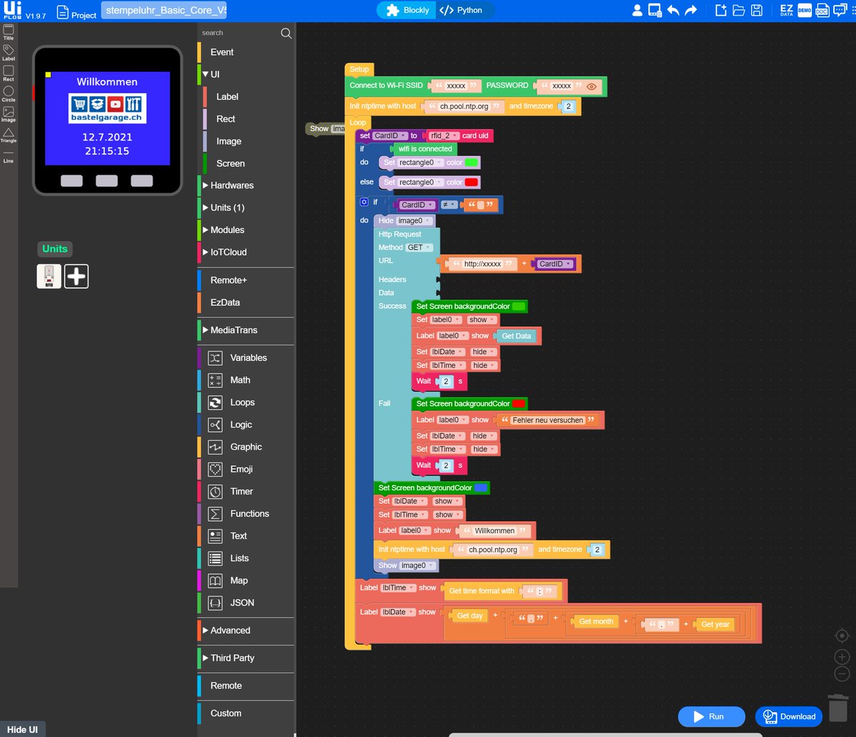 bastelgarage's tweet photo. Einfache Stempeluhr mit #M5stack und Anbindung an Zeiterfassungssoftware #SmallTime. Programmierung des M5Core schnell und einfach über Uiflow erledigt.
https://t.co/YK2Dqek6hX
https://t.co/y7br2ogg2a
#uiflow #bastelgarage #switzerland #diy https://t.co/9AdbgSyknn