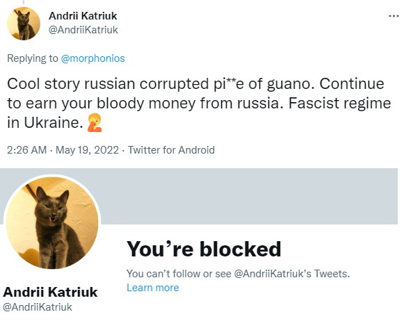 VoteGodzilla's tweet photo. @AndriiKatriuk Dude.  You are going around picking fights with strangers then immediately blocking them before they can respond.  If you are too much of a coward to listen to a response, then don't troll and insult people to begin with. https://t.co/v0bUgE8qom
