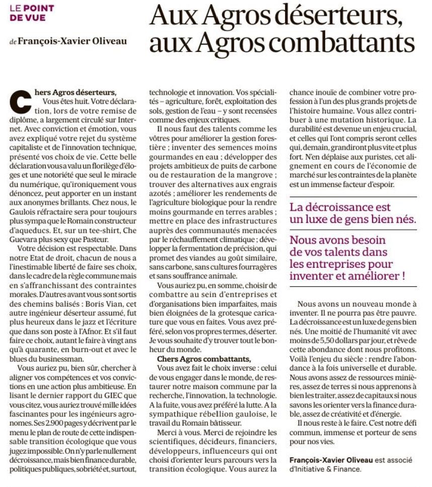 Aux Agros déserteurs, aux Agros combattants. Ce matin dans <a href="/LesEchos/">Les Echos</a>.
