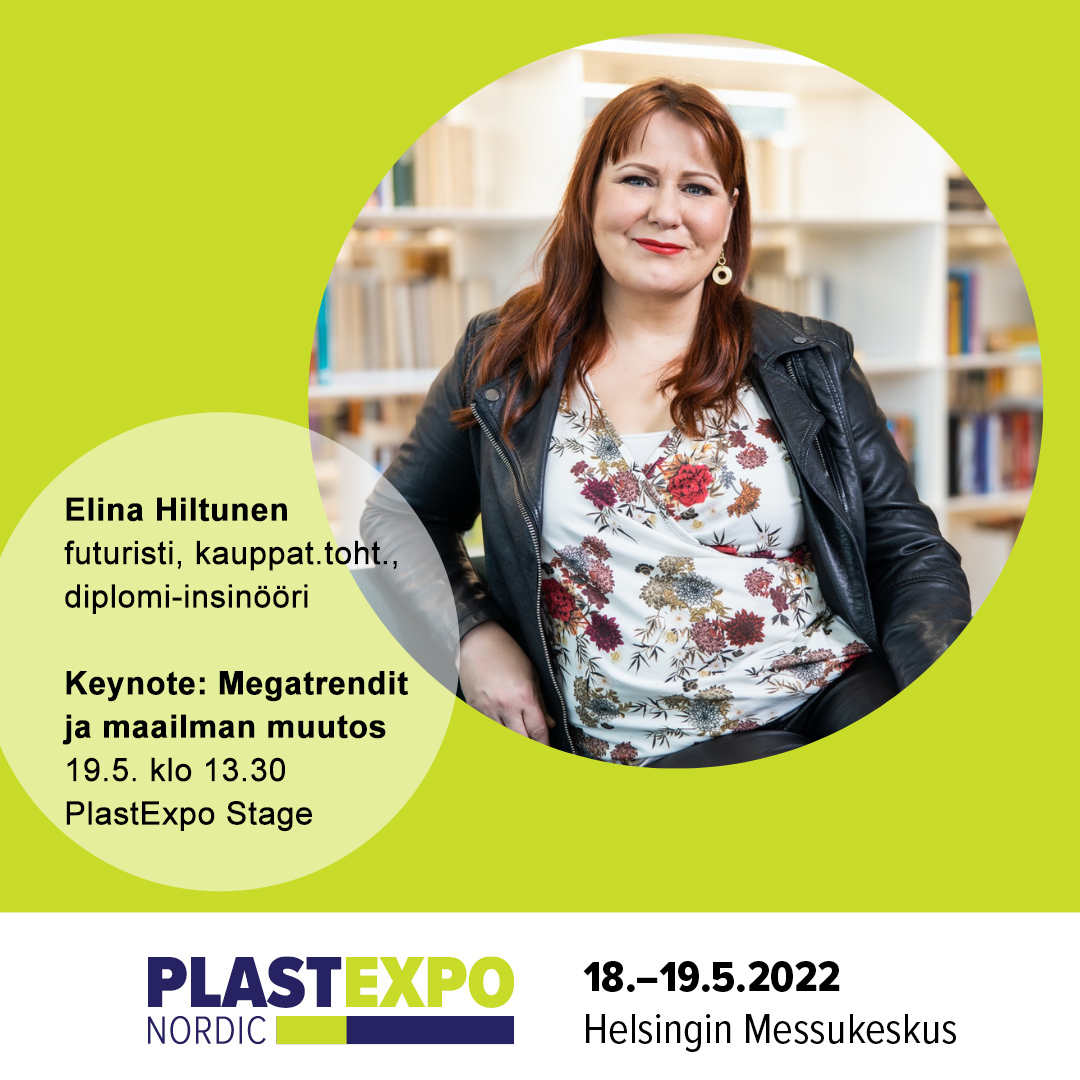 ⭐ Päivän keynote-puheenvuorossa kuullaan futuristi, kauppatieteiden tohtori ja diplomi-insinööri Elina Hiltusta.

Tervetuloa kuulemaan Hiltusen puheenvuoro megatrendeistä ja maailman muutoksesta!

#PacTec2022 #FoodTec2022 #PlastExpo2022