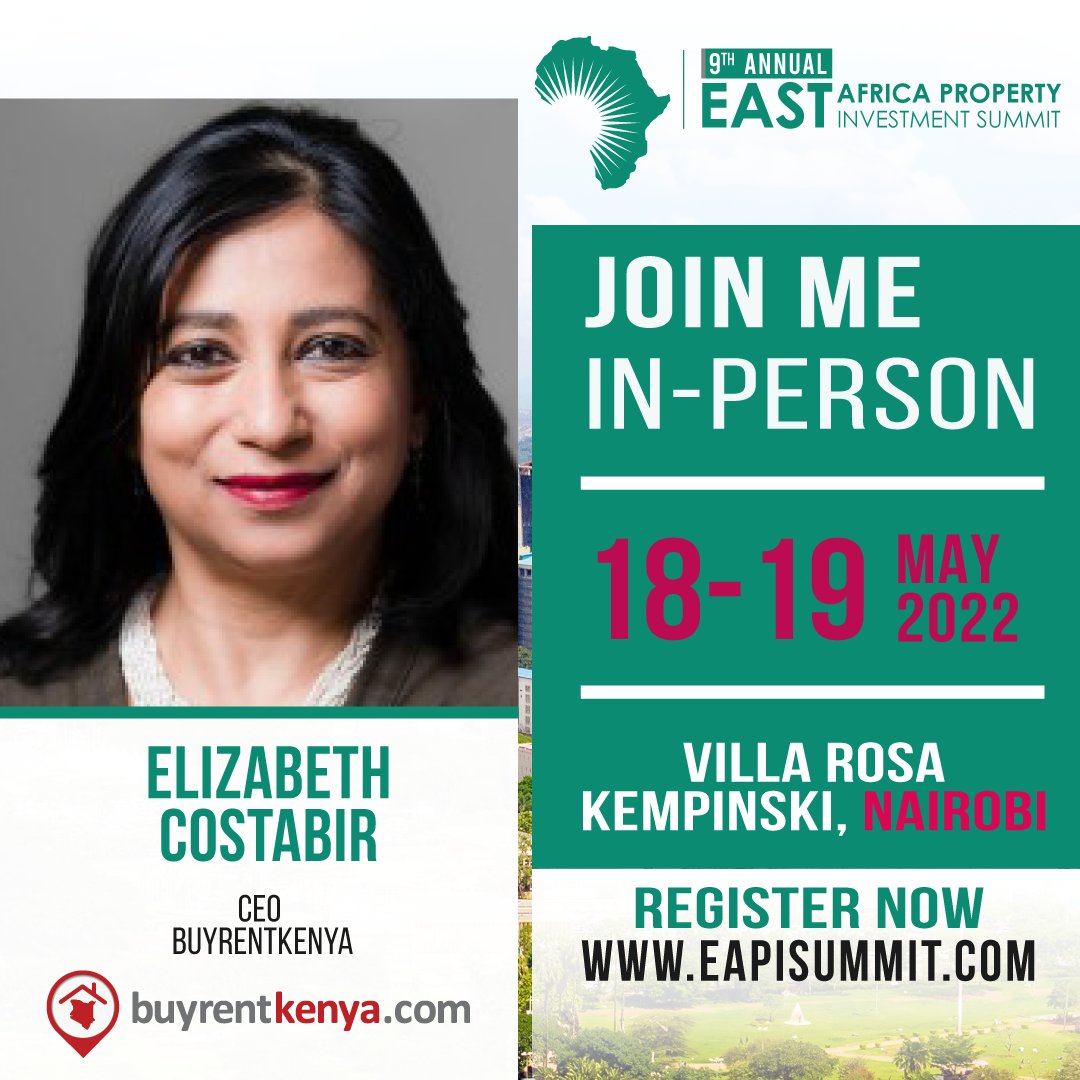 BuyRentKenya's tweet photo. Join our BuyRentKenya CEO Elizabeth Costabir @LCostabir , in-person, as she speaks at this yearβs East Africa Property Investment Summit on the 18th & 19th of May.
#EAPI2022
Register here https://t.co/kcjgrXbGo8 or join virtually using https://t.co/ZXrpRxL3P0 https://t.co/pBYVD7sBTG