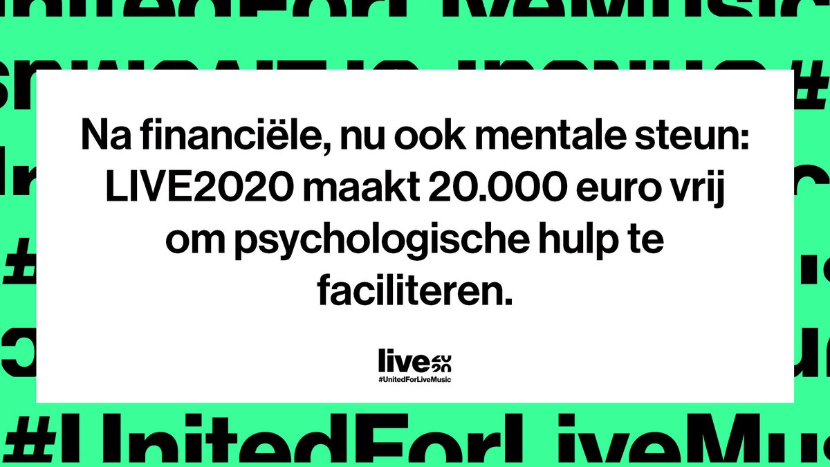 Dankzij LIVE2020 kunnen mensen die in de afgelopen 3 jaar minstens 1 jaar werkzaam waren in de muzieksector tot 8 sessies bij de psycholoog of psychotherapeut laten terugbetalen. Meer info hierzo: live2020.be/live2020-biedt…. #UnitedForLiveMusic
