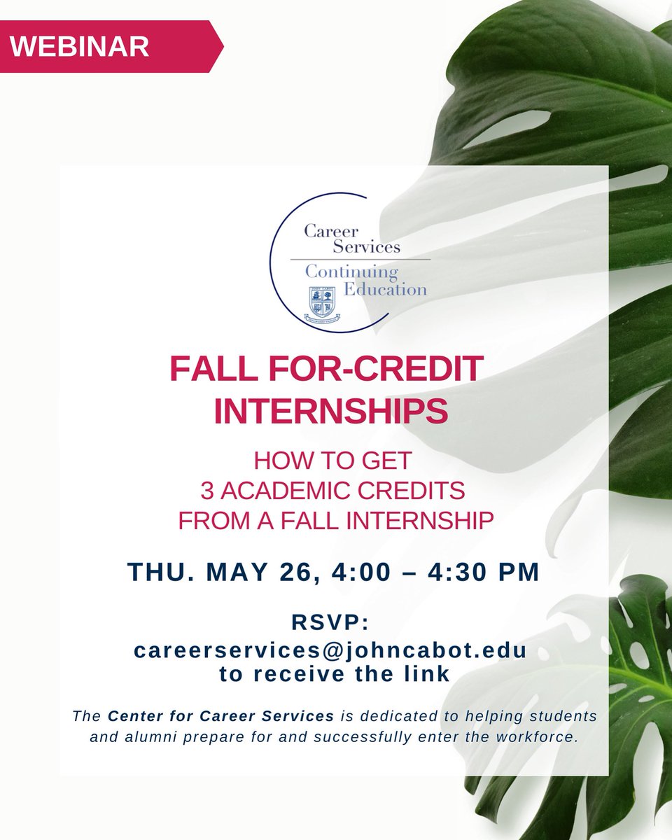 We are pleased to announce that on Thursday, May 26th, <a href="/JohnCabotRome/">John Cabot University</a> will be hosting a webinar on for-credit internship opportunities for the Fall 2022 semester

Please note that for any inquiries you should contact John Cabot University at careerservices@johncabot.edu