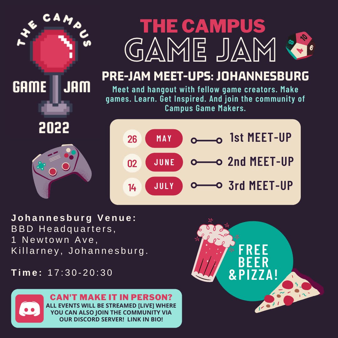We're excited to announce in person pre-jam meet-ups. Happening at the BBD Headquarters at 1 Newtown Ave, Killarney, Johannesburg, 2193. See you there!