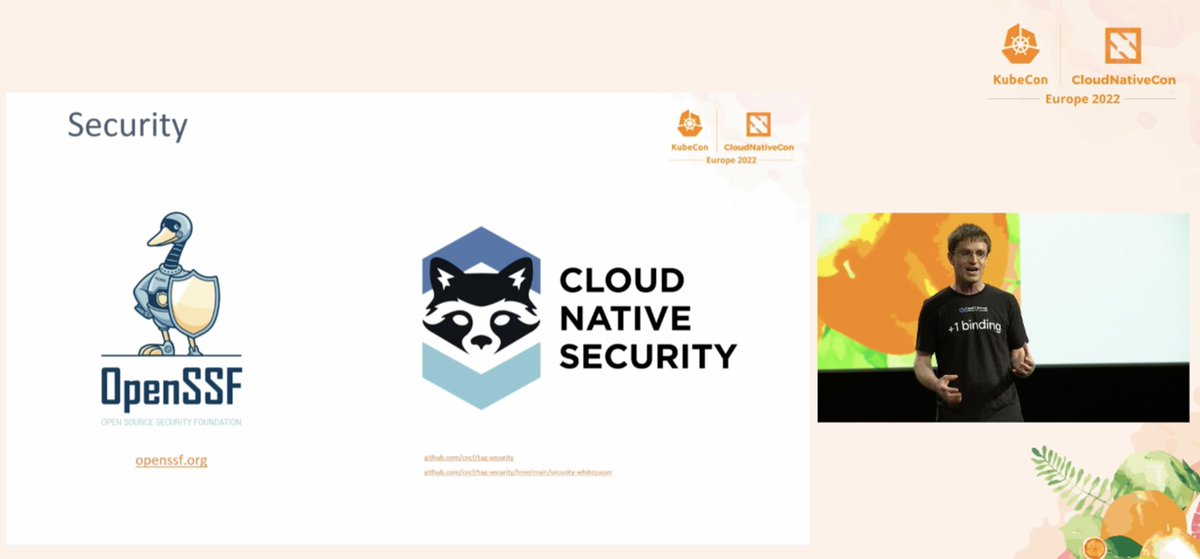 lumjjb's tweet photo. Shout during the @KubeCon_ keynote to the @CloudNativeFdn  Technical Advisory Groups and a shout-out to @cncfsecurityTAG and @theopenssf on the great work they're doing! https://t.co/htllSwT5xR