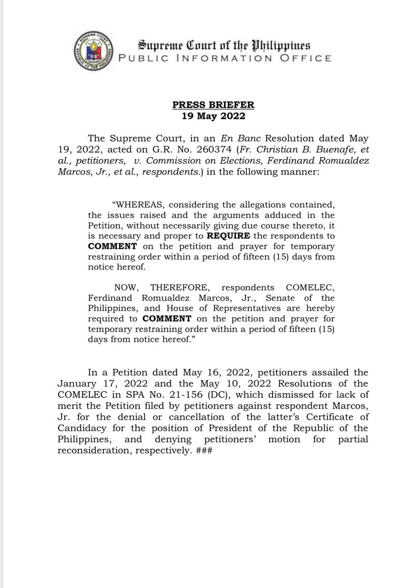 Supreme Court orders presumptive President Bongbong Marcos, Comelec, and Congress to comment on the petition challenging Marcos’ certificate of candidacy within 15 days from notice. | <a href="/anjocalimario/">Anjo Cagmat Alimario</a>