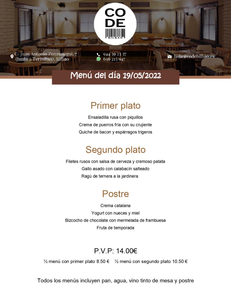 codebilbao's tweet photo. 🍴🥡Aquí tienes nuestro Menú del día🍽️ ¡Te esperamos!

📞 Llámanos 944 39 23 37
📲 Por Whatsapp 696 213 947
✉️Por email a pedidos@codebilbao.es
📌Restaurante: C/ Juan Antonio Zunzunegui, 7 Bilbao

#codebilbao #comerenbilbao #hosteleriasegura #salvemoslahoteleria https://t.co/K1mG2Ukkm4