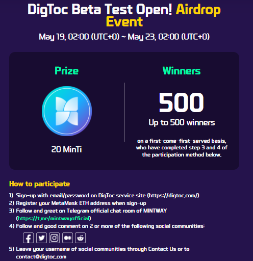 ether_bucks's tweet photo. Don't miss you chance to join #airdrop event by 
@MintWayofficial #NFT Portal!

📆 Period: May 19, 02:00 (UTC+0) ~ May 23, 02:00 (UTC+0) 
🎁 Prize: 20MinTi 
🥇Winner: 500 users

Website - https://t.co/zi52oRmx92

#blockchain #mintway #web3 #nfts #metaverse #giveaway #digtoc #game https://t.co/0uCtIMElM5