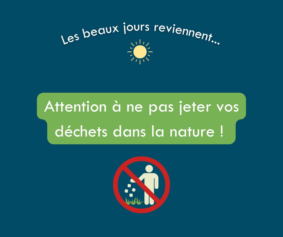 Les beaux jours reviennent ! ☀️

Voici l'occasion pour se promener au parc, faire des piques nique, se baigner dans les lacs /rivières…

Alors veillez à bien jeter vos déchets aux bons endroits et à ramener un sac poubelle avec vous s’il n’y a pas de poubelles😊