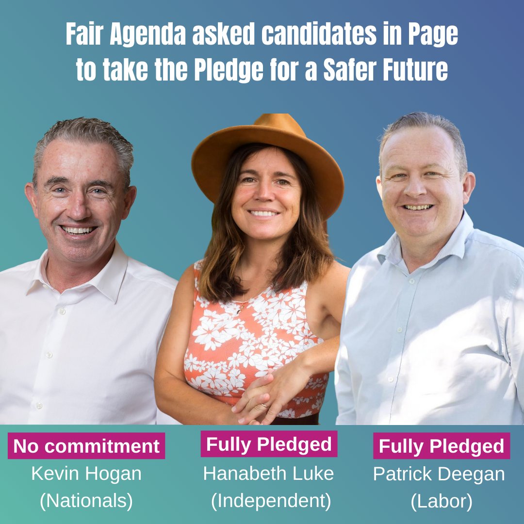 We asked all candidates in Page to take the Pledge for a Safer Future: voteforsafety.com.au/electorate/page

<a href="/HanabethLuke/">Dr Hanabeth Luke</a> (Ind), <a href="/PatrickDeegan4/">Patrick Deegan</a> (ALP), Serge Killingbeck (TNL) and Kashmir Miller (Greens) fully pledged.

The Coalition made no commitment to further action.
