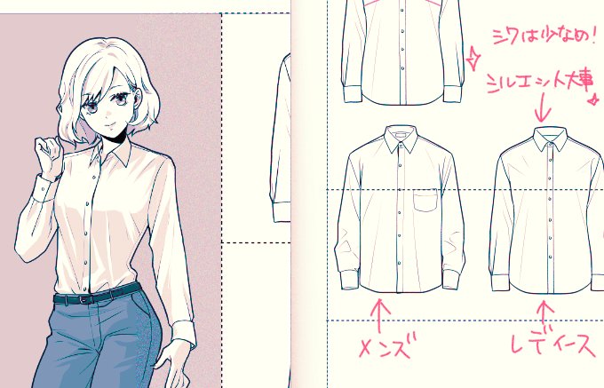 『FANBOX進捗』
スタンダードなシャツの比較しながら検証
こうして並べるとシルエットの違いだけで男女区別ができる。
レディースは胸や背中にダーツが入ってるのでよりシェイプで立体的に。
(特に胸のシワは描きすぎるのよくない) 