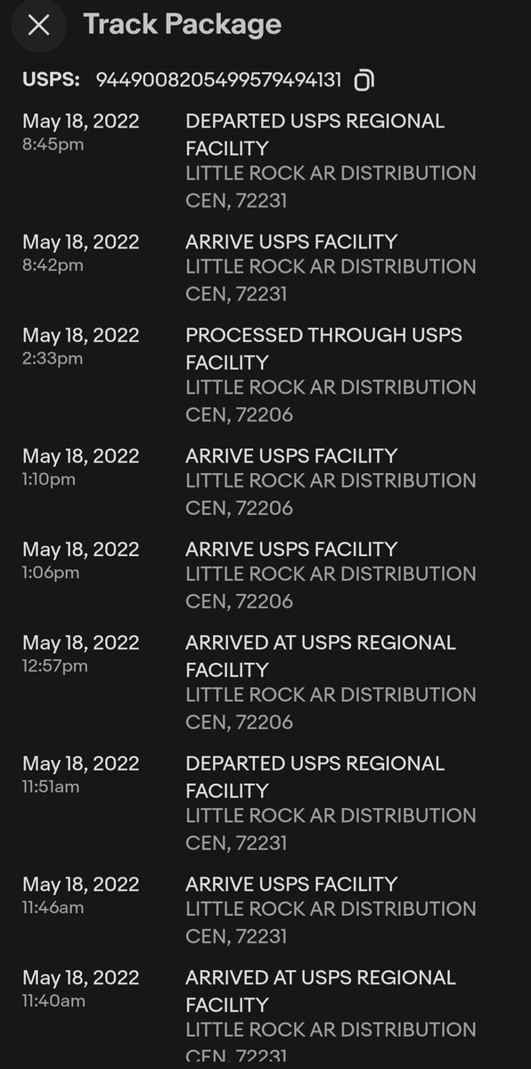Queenzilla's tweet photo. Two @USPS centers played "keep away" with my pkg for 9 hours today. I'm an hour from LR. Not cool. https://t.co/Kd7J89YQYT