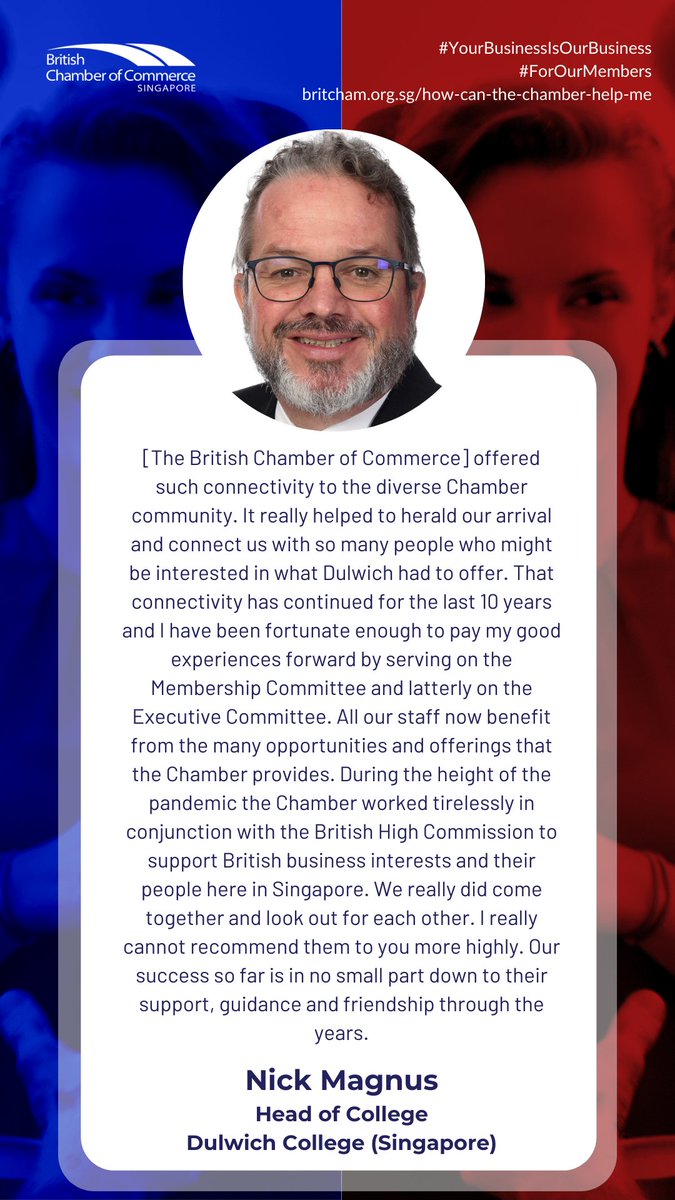 britchamsg's tweet photo. .@DCSG_Dulwich have become a highly-engaged member and partner of the Chamber. In this snapshot, Head of College and BritCham Board member Nick Magnus (@HeadDulwichSG) shares his perspective.
#ForOurMembers #YourBusinessIsOurBusiness https://t.co/r2AGL0FyDe