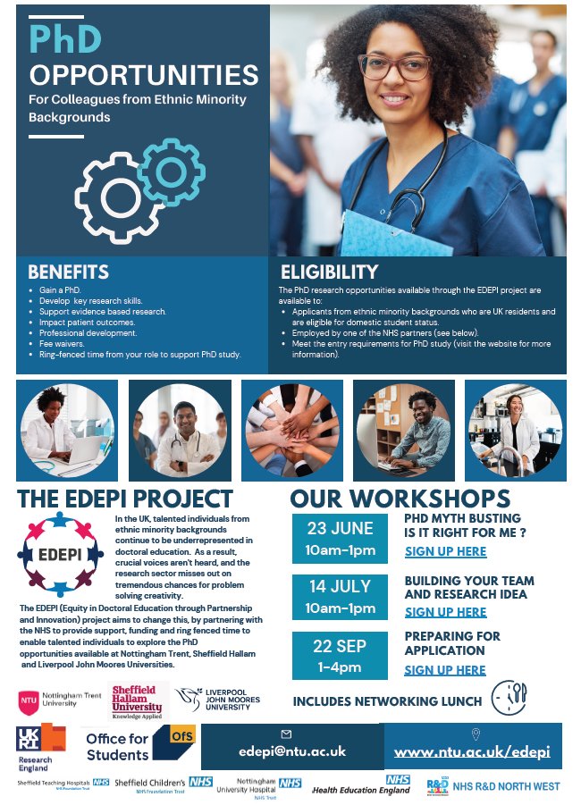 📢 Calling ALL @TeamNUH colleagues! 📢

We are delighted to share this exciting PhD opportunity for colleagues from ethnic minority backgrounds.

The first workshop will take place on 23 June.

For further information and to sign up, please visit: bit.ly/3PoN58R