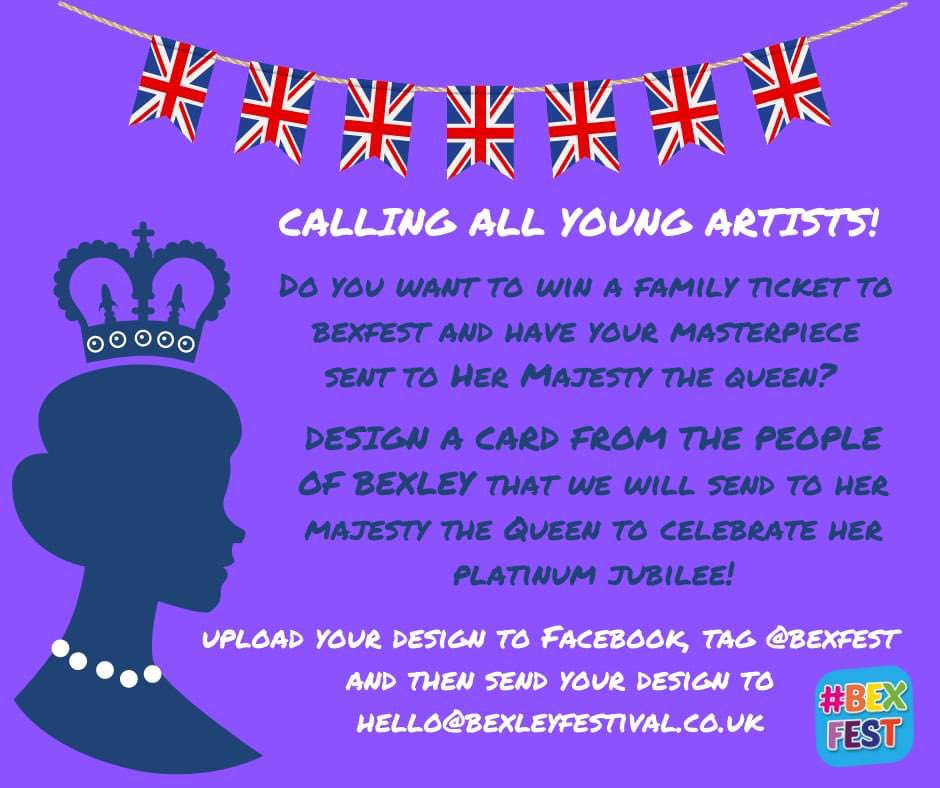 Help us design a card for Her Majesty The Queen’s #PlatinumJubilee! 

Full details on our Facebook page: facebook.com/BexFest

<a href="/LBofBexley/">London Borough of Bexley</a> <a href="/MayorOfBexley/">Mayor Of Bexley</a> @LBBexleyRepDLDE <a href="/louie_french/">Louie French MP</a> @DavidEvennettMP <a href="/FrazerBrooksGB/">Cllr Frazer Brooks</a> @SeanMPAsh <a href="/dannyjhmcgill/">Danny</a> <a href="/kerryallon/">Kerry Allon 🇺🇦</a> <a href="/DannyHackett/">Danny</a>