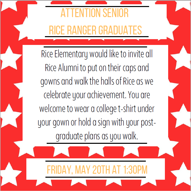 Calling all Legacy graduates that are former Rice Rangers! We hope to see you tomorrow at 1:30pm! If you are a parent or know a parent of a graduate then please let them know.