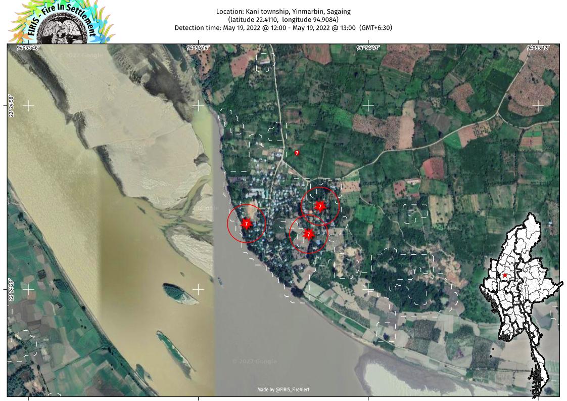 FIRIS_FireAlert's tweet photo. 🇲🇲Fires detected during the night of May 18-19 within Natgyi village in Kani township, Yinmarbin, Sagaing region, #Myanmar. https://t.co/nXBxzGS7DT