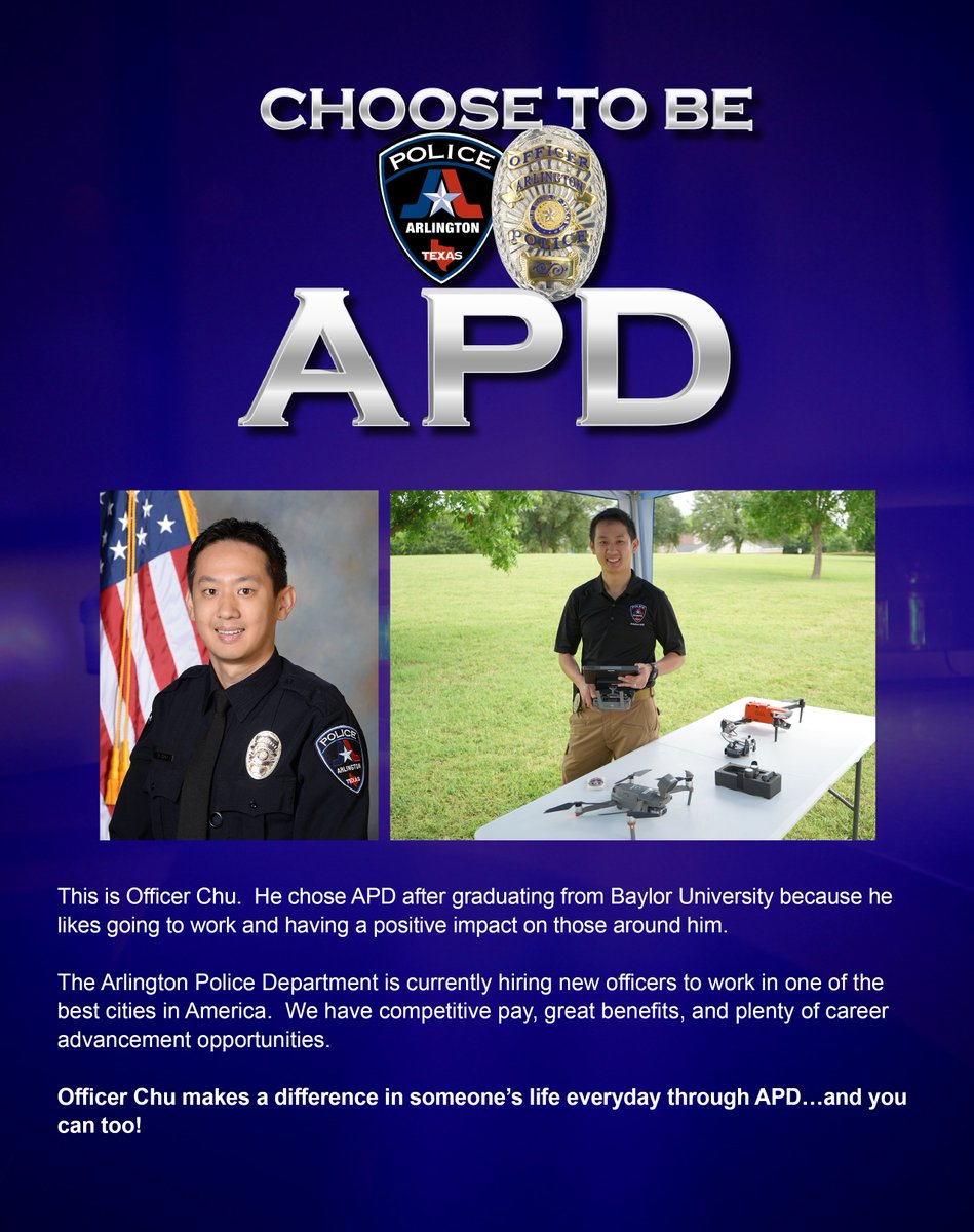 We are currently hiring new officers. Competitive starting pay ($68,123 for new hires), great benefits, opportunities for career development, and the opportunity to serve one of the best cities in America. See why Officer Chu chose APD.

#ArlingtonTX #ChooseToBeAPD