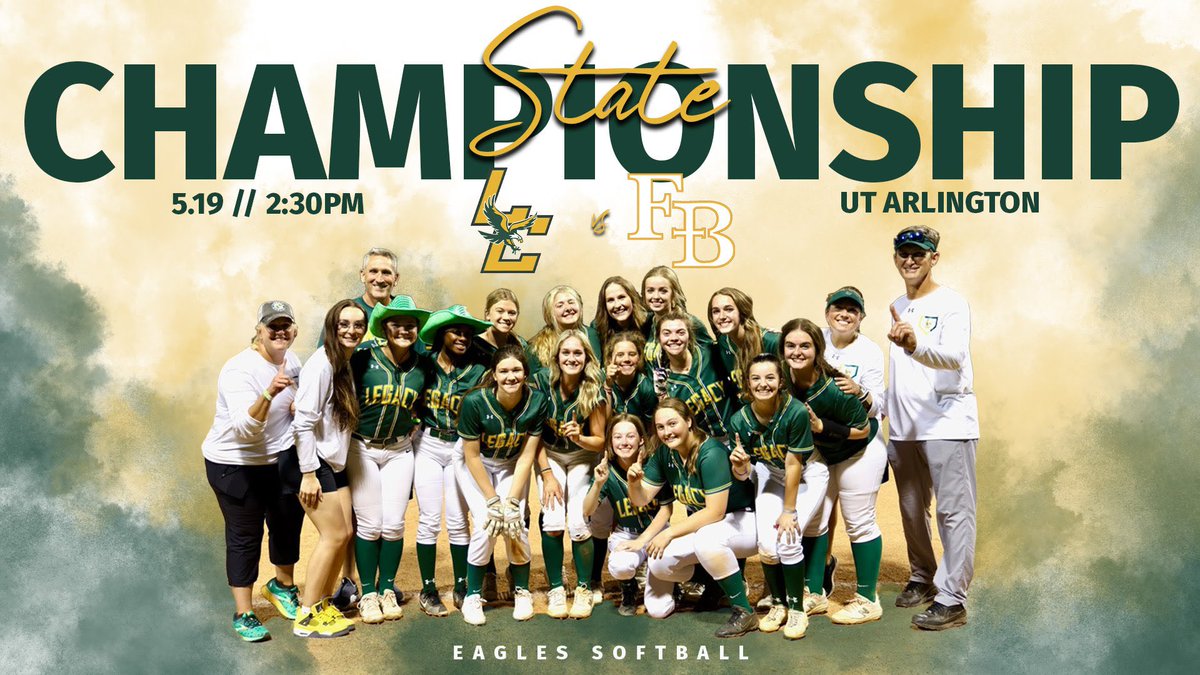 🥎 TAPPS D2 State Championship🥎 

🏆🦅

<a href="/LCAfrisco/">Legacy Christian Academy Eagles Athletics - Frisco</a> <a href="/FBCAathletics/">Fort Bend Christian Academy Athletics</a> 

🆚 Ft. Bend Christian Academy
📅 Thursday, May 19, 2:30PM
📍 Allan Saxe Softball Field 
🎟 tapps.biz/tickets
📺 tappstvnetwork.com/TAPPSTV/
🎙 tapps.biz/radio/ (free)