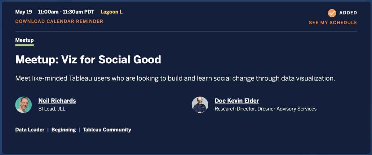 DocKevinElder's tweet photo. If you are still attending sessions at #Data22 today stop by our #Meetup for #VizForSocialGood 11-11:30 am today in Lagoon L. If you can’t but want to learn more about us let me know &amp; I’ll send you the slide deck &amp; I’ll make the TUG rounds doing a replay! @VizFSG #DoGoodData https://t.co/YFm2GN0DmW