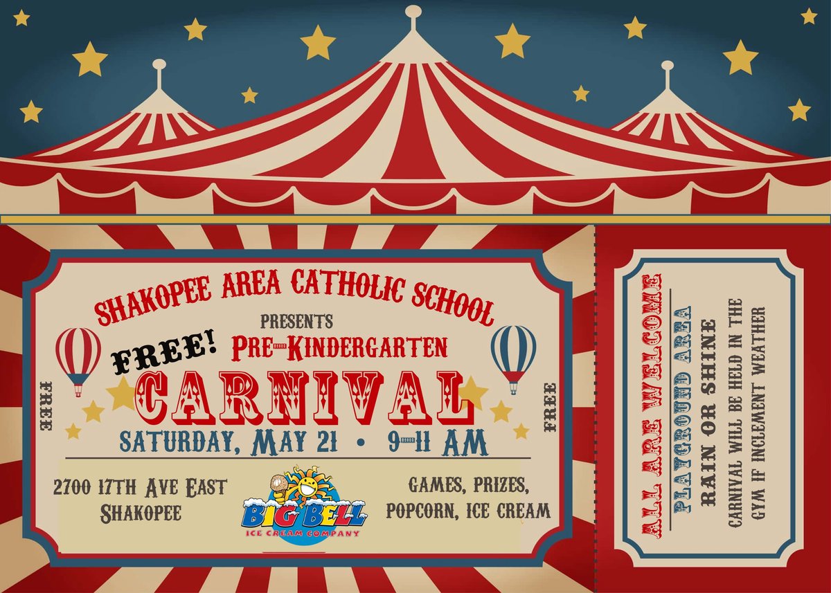 SACSinShakopee's tweet photo. Bring your friends and family! This Saturday, SACS is hosting a FREE Pre-Kindergarten Carnival from 9-11am by the playground area! Games, Prizes, Popcorn, and Big Bell Ice Cream truck - ALL FREE!  Hope to see you there! https://t.co/hq5GtFPPnN