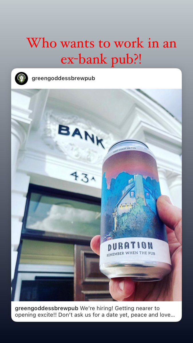 We’re hiring in anticipation of opening! 

🍺 2 roles/ 16 hours a week minimum
🍺 London Living Wage
🍺 Beer/wine training included
🍺 Sick and holiday pay

Some outside bar work over the summer!

Send us an email at hello (at) thegreengoddess.pub