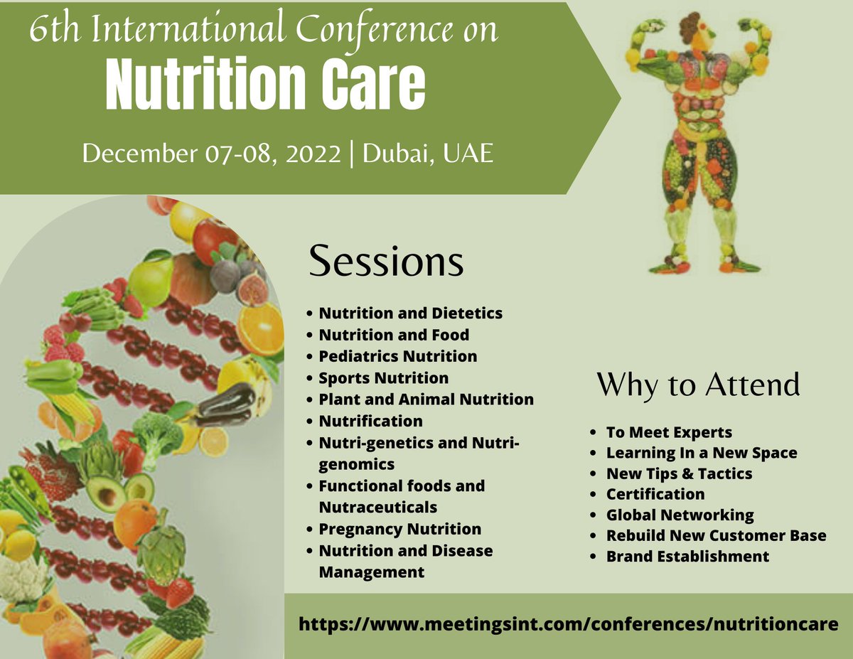 Call_papers's tweet image. Expand the scope of Research &amp;amp; Innovations at 6th International Conference on Nutrition Care.
Date: December 07-09, 2022.
Venue: Dubai, UAE
Visit our website: meetingsint.com/conferences/nu…
Contact us: medical.healthjournal@gmail.com
#nutritioncare #nutrition #sportnutrition