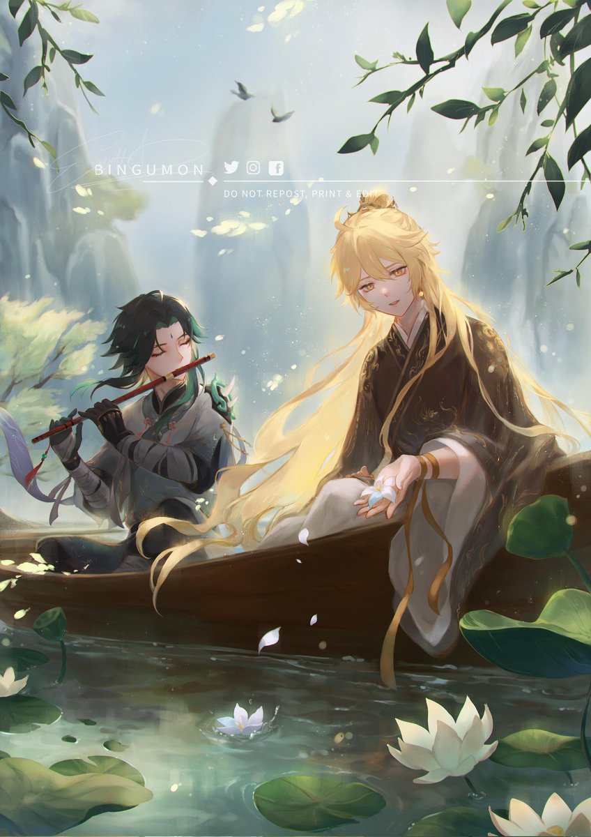 xiao (genshin impact) multiple boys 2boys flute music playing instrument male focus instrument  illustration images