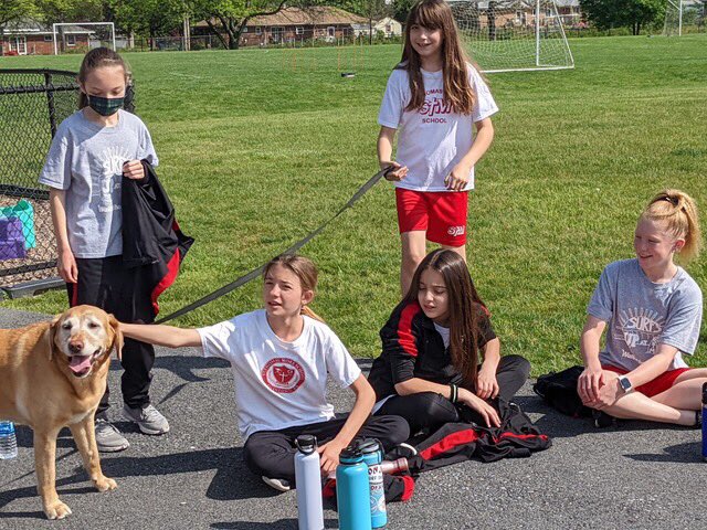 stmschoolatown's tweet image. #STMfun Another great day with Father Pendzick playing basketball with our 5th grade students from Ms Klotz’s class. An extra special treat was to have Father P’s dog Dusty Rose joining in the fun! #theSTMdifference #STMspirit ❤️🖤🏀🐕