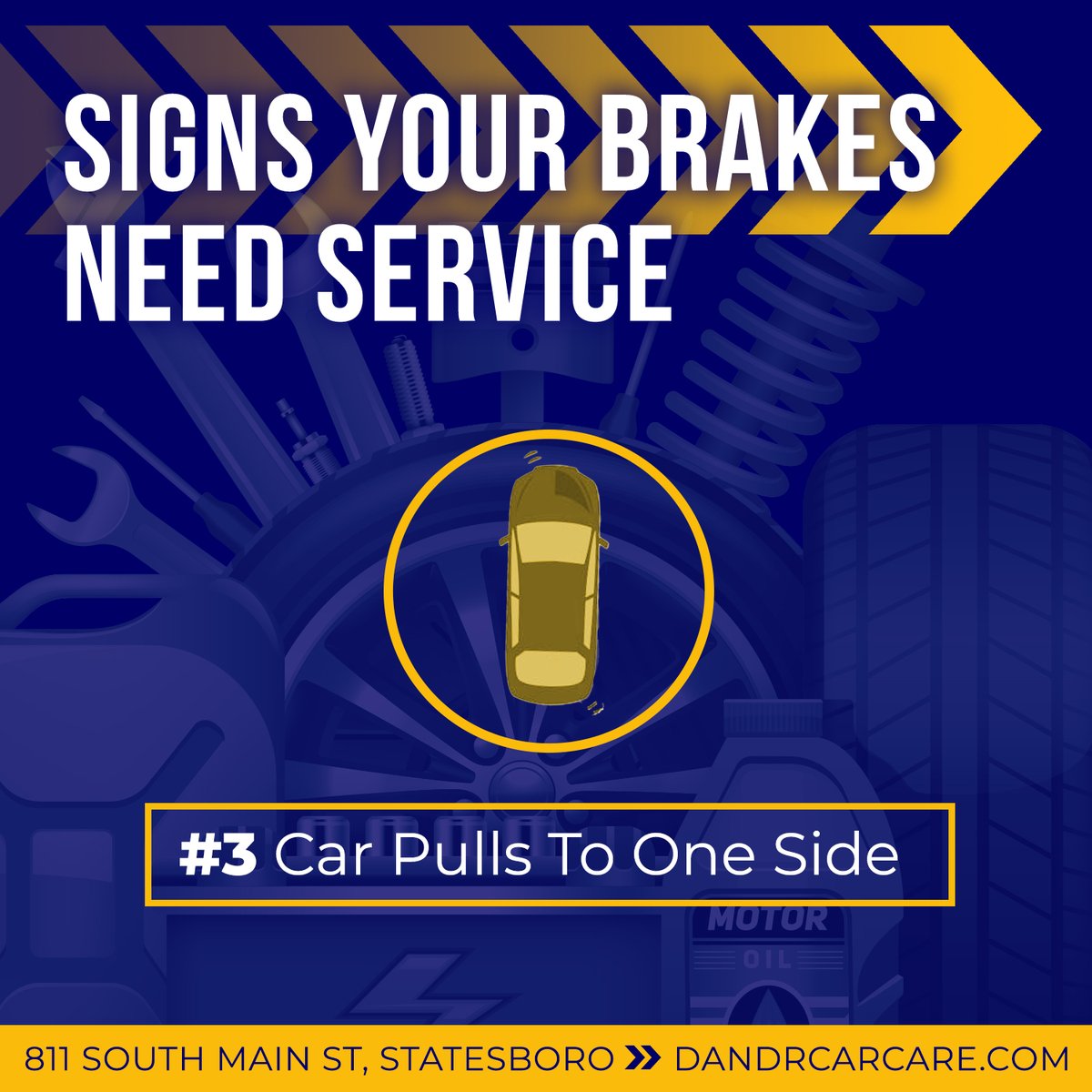 dandrcarcare2's tweet photo. If your car pulls to one side when you brake, it could indicate a number of issues that need immediate attention.
It could be a defective caliper or a broken brake hose causing a leak -either way D&amp;R will find and fix it!

Schedule your appointment online:
https://t.co/16IwnKVl1K https://t.co/pDWNhEcgCi
