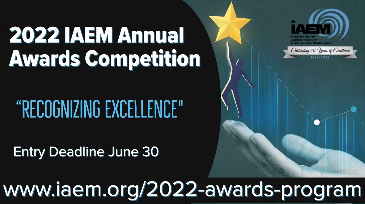 iaem's tweet photo. Share your work and accomplishments through the #IAEM Awards Competition. Winners will receive a reduced rate to the Annual Conference in November #IAEM22. https://t.co/jc0ea0eNrl #EmergencyManagement https://t.co/RgyvgAHUIz