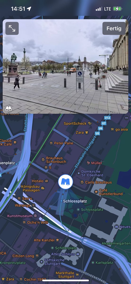 Schon gesehen: Apple Karten hat nun auch das eigene „Street View“ Pendant mit dem Namen „Look Arround“ in Stuttgart freigeschalten.