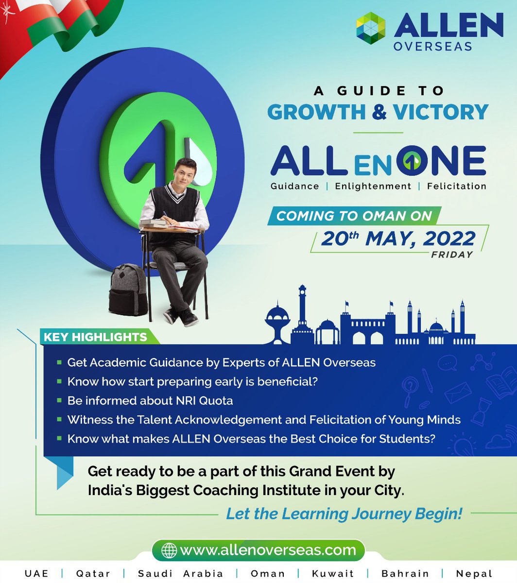 ALLENOverseas's tweet image. ▪️ Get ready to be a part of #ALLenONE, a grand event by India&apos;s Biggest Coaching Institute, loaded with #AcademicGuidance by the Top #AcademicExperts of the Industry on 20 May&apos;22 at SHERATON OMAN HOTEL, #Oman Ballroom 03 Muscat, Oman

To Register Click - bit.ly/3vMW9LP