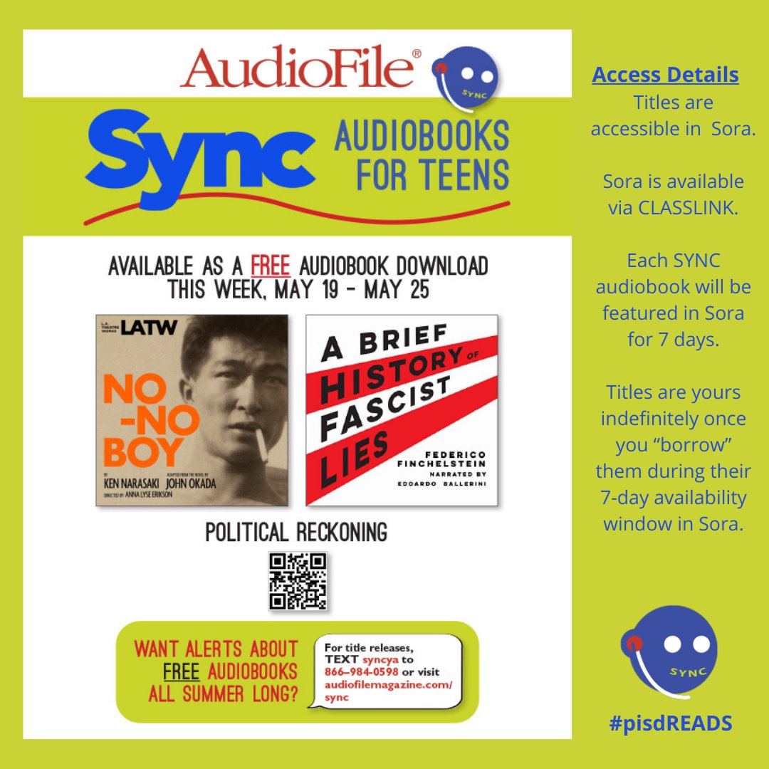 mavlibrary's tweet photo. Week 4 of #audiobookSYNC2022: Political Reckoning
Get these 2 amazing audiobooks via SORA (access through ClassLink) for FREE by next Wednesday, May 25!
#mavlibrary #mavsREAD #pisdREADS #syncYA https://t.co/BUl32yh3E7