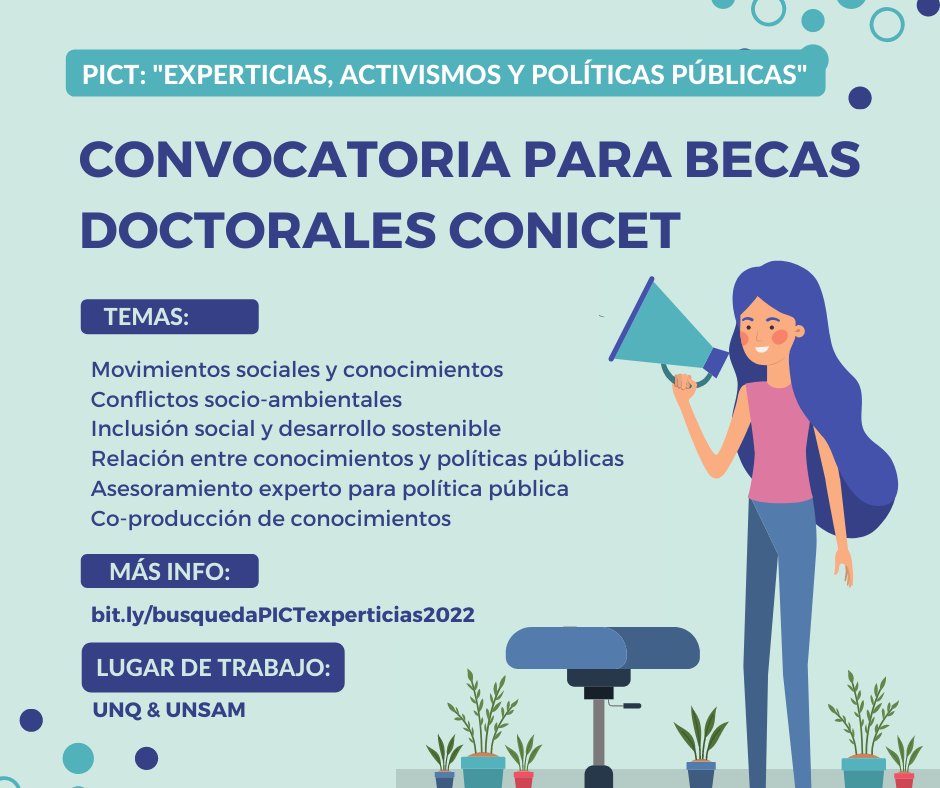 gabybortz's tweet photo. Buscamos interesadas/os en aplicar a Beca Doctoral CONICET 🎓 en:
✅ Conocimientos y #polpub
✅ Asesoramiento experto para #polpub
✅ Inclusión social y desarrollo sostenible
✅ Movs. sociales y conocimientos
✅ Conflictos socio-ambientales
✅ Co-producción de conocimiento https://t.co/gFT7xvDSD2