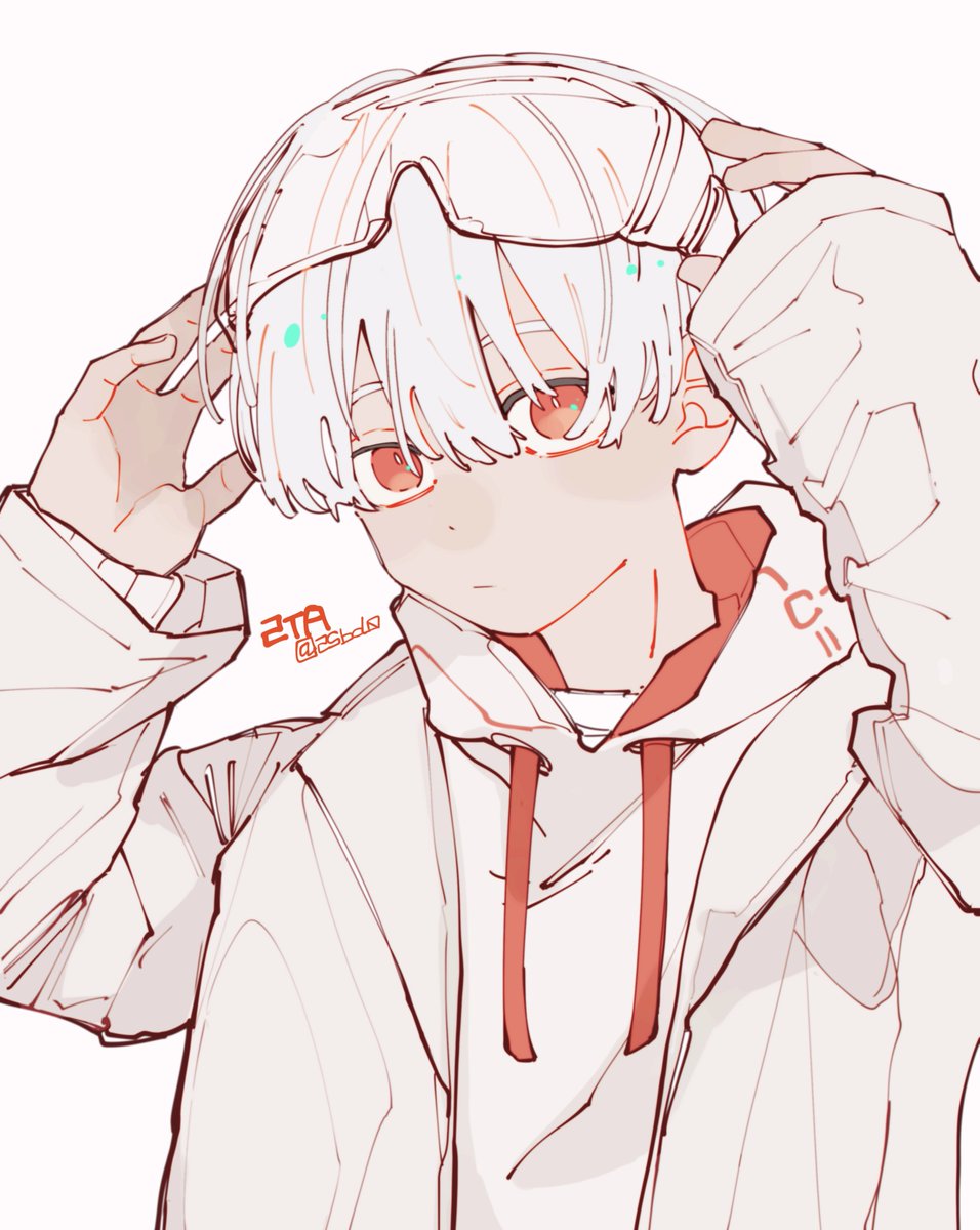 1boy solo white hoodie white hair male focus red eyes hood  illustration images