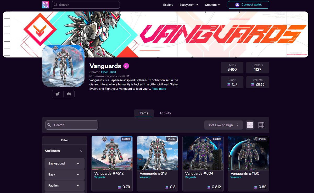 weyuofficial's tweet photo. Another new verified collection 🔥

Come trade @Vanguards_SOL on WEYU's Marketplace, the #1 place for #Solananfts 😍

https://t.co/8Nc1gI1wWu

Floor Price 0.7 SOL
Total Volume 2833 SOL

These #NFTs look so cool, what do you think?! 👀

#WEYU #Vanguards #Solana https://t.co/KFCCIhGyFe
