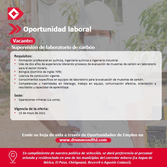 DrummondLtdCo's tweet photo. 💼#Empleo: ¡Abrimos una vacante para Supervisión de laboratorio de carbón!
Si cumples con los requisitos postúlate aquí: https://t.co/jWWvuQYcDw 
¡RT para que todos se enteren de esta #OportunidadLaboral! https://t.co/iTUag7bTHX
