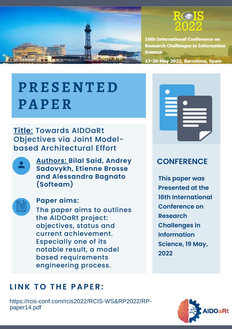 aidoart's tweet photo. Bilal Said, Andrey Sadovykh, Etienne Brosse and Alessandra Bagnatofrom from Softeam are presenting their paper "Towards AIDOaRt Objectives via Joint Model-based Architectural Effort" at the 16th International Conference on Research Challenges in Information Science now. https://t.co/t7PYQEbOyG