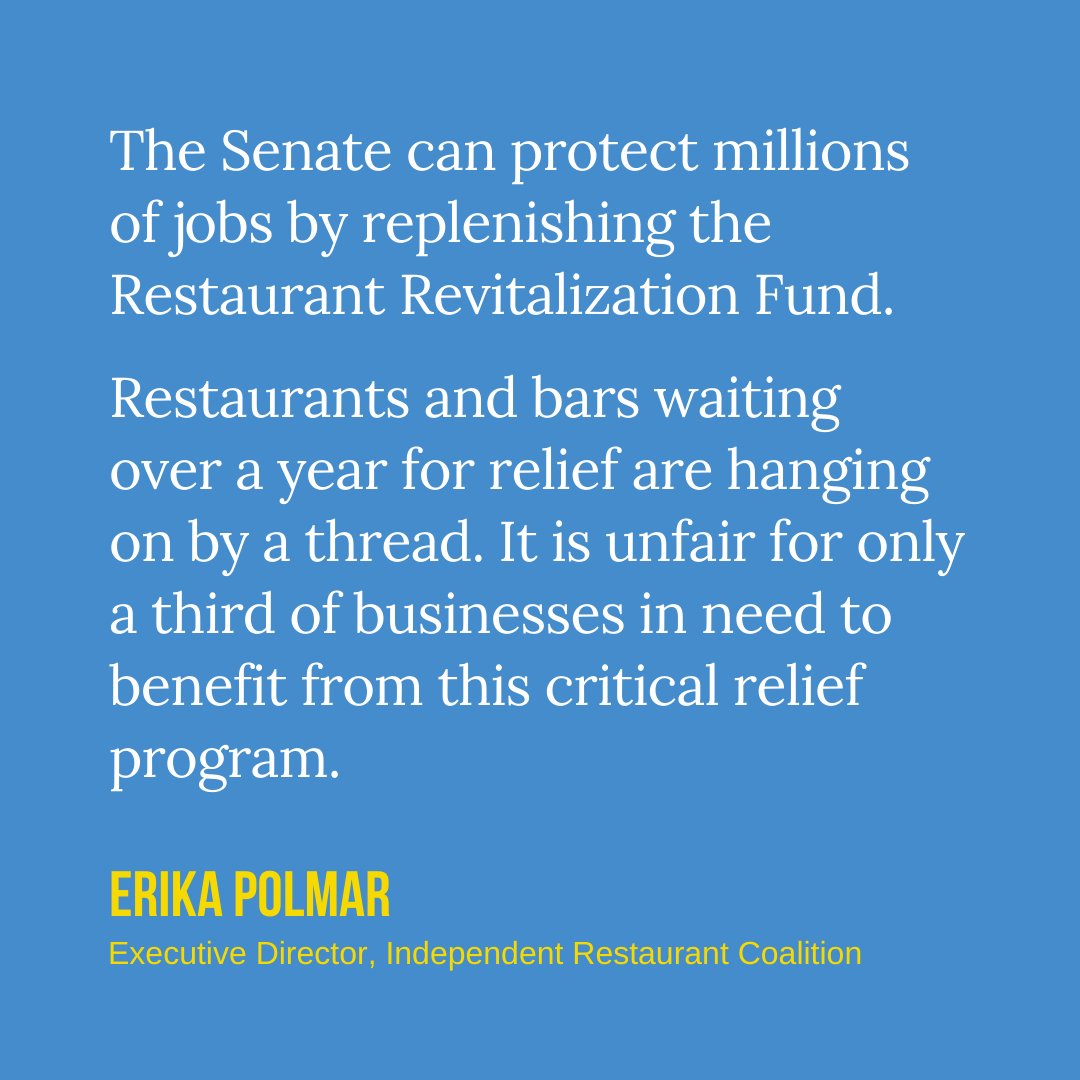 Today’s the day: the Senate is voting on the RRF. Our senators have the opportunity to save our industry by voting to #ReplenishRRF, and we urge every single lawmaker to make the right decision and vote yes. #SaveRestaurants