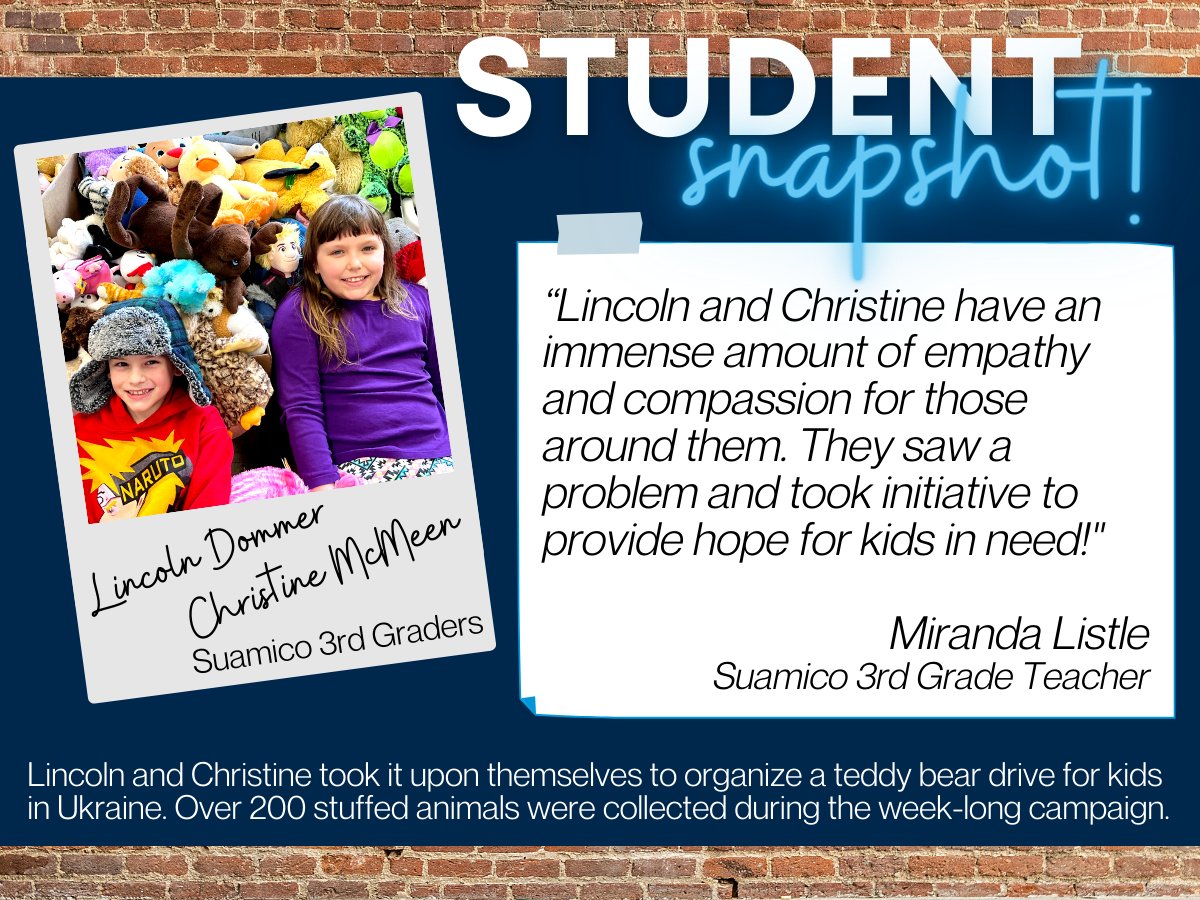 HSSD's tweet photo. Lincoln Dommer and Christine McMeen, Suamico 3rd grade students, were recently featured as the Student Snapshots in The Compass, our eNewsletter for families. #BringHumanityBack https://t.co/kPGDWsbNv2