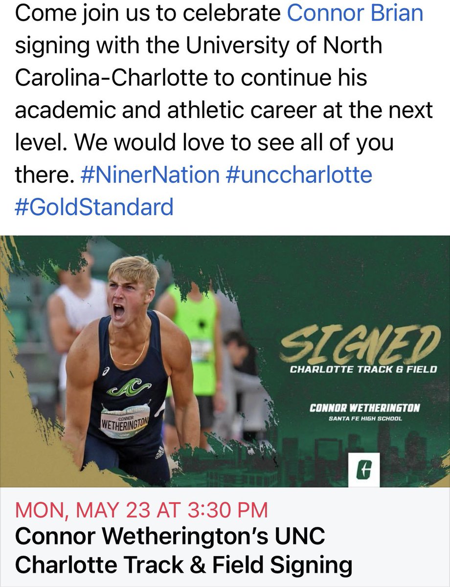 ConnorWetherin1's tweet photo. Come join us May 23, 2022 at Santa Fe High School @ 3:30pm to celebrate my signing with the @CharlotteTFXC to continue my academic and athletic career. @WCJB20 @AinsliesTwoBits @GainesvilleSun @GNVpreps @ThePrepZone @JAC_TrackField https://t.co/UVDi5sfQLL