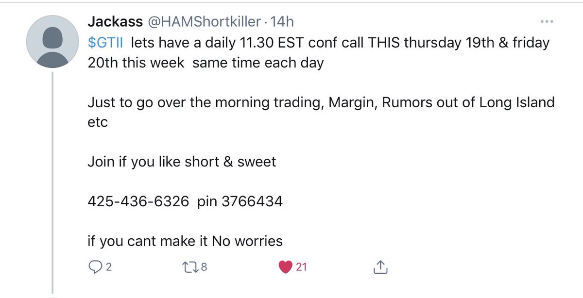 ItsStillMeAlby's tweet photo. From the same man who called $GME a year before it was on anyone’s radar. The SAME MAN who wrote the GameStop ‘Case Study’ passed around The Street calls $gTii “the BEST SETUP for a squeeze in the Markets!”.
Conference Call during Market Hours TODAY at 11am. JOIN IN. https://t.co/UdZ6SV1n9y