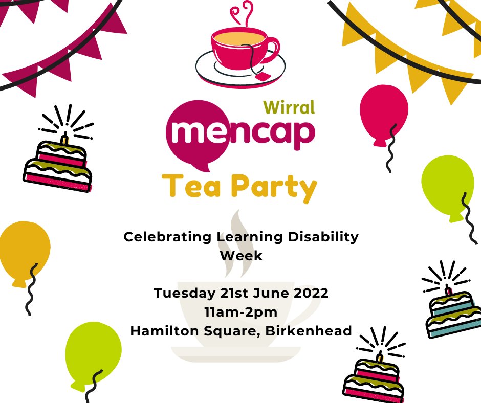 Events are Back! Come and join us for our Tea Party in Hamilton Square on Tuesday 21st June to celebrate Learning Disability Week.
11am - 2pm
Everyone welcome!