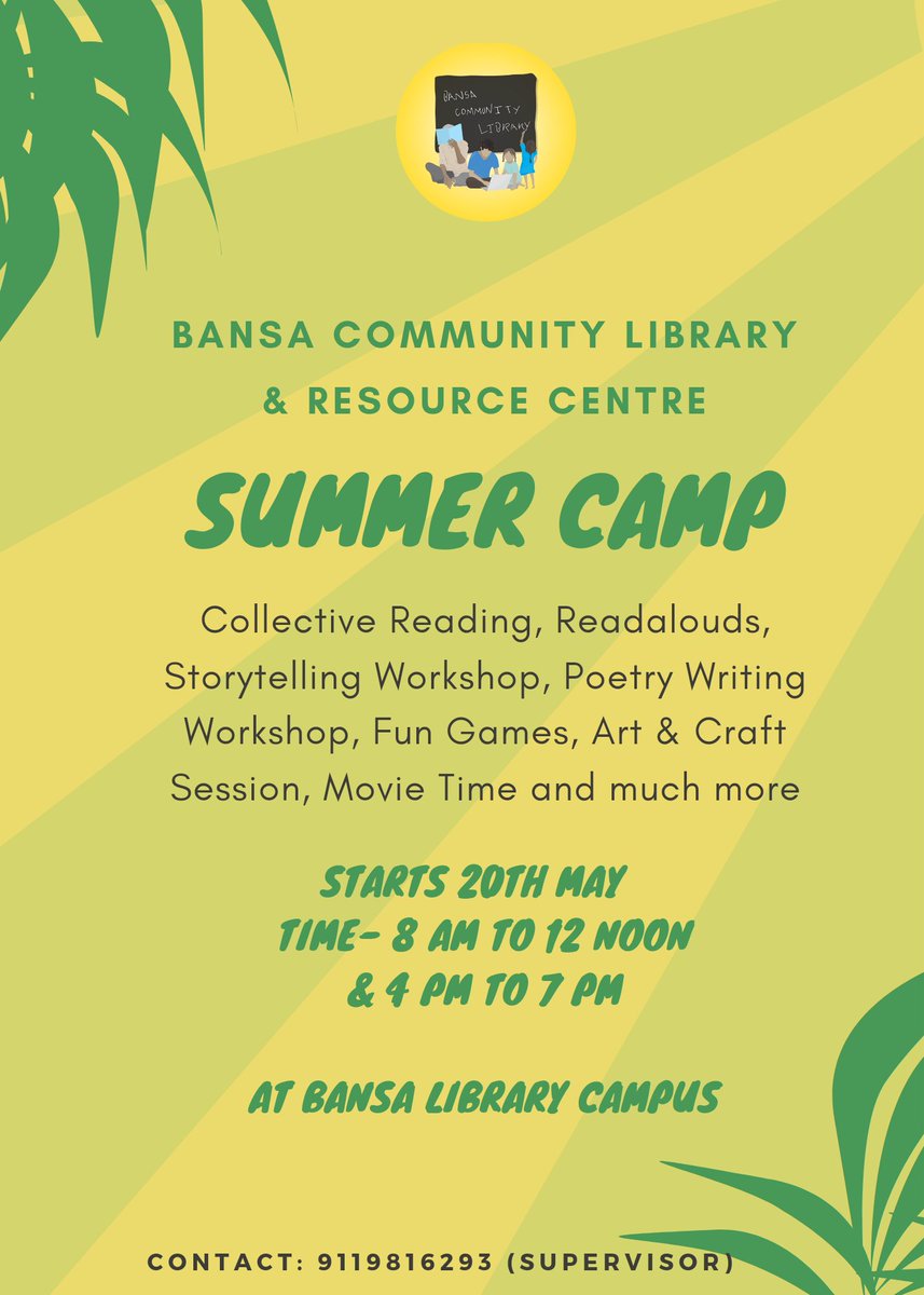 BansaLibrary's tweet photo. We have some news to share with you all. This vacation, we have planned a SUMMER CAMP at the library. We are so excited to introduce this month long offline and online fun at Library. We have made a schedule that will engage all the members in different activities. 
#FreeLibrary https://t.co/HwsQblZNY6