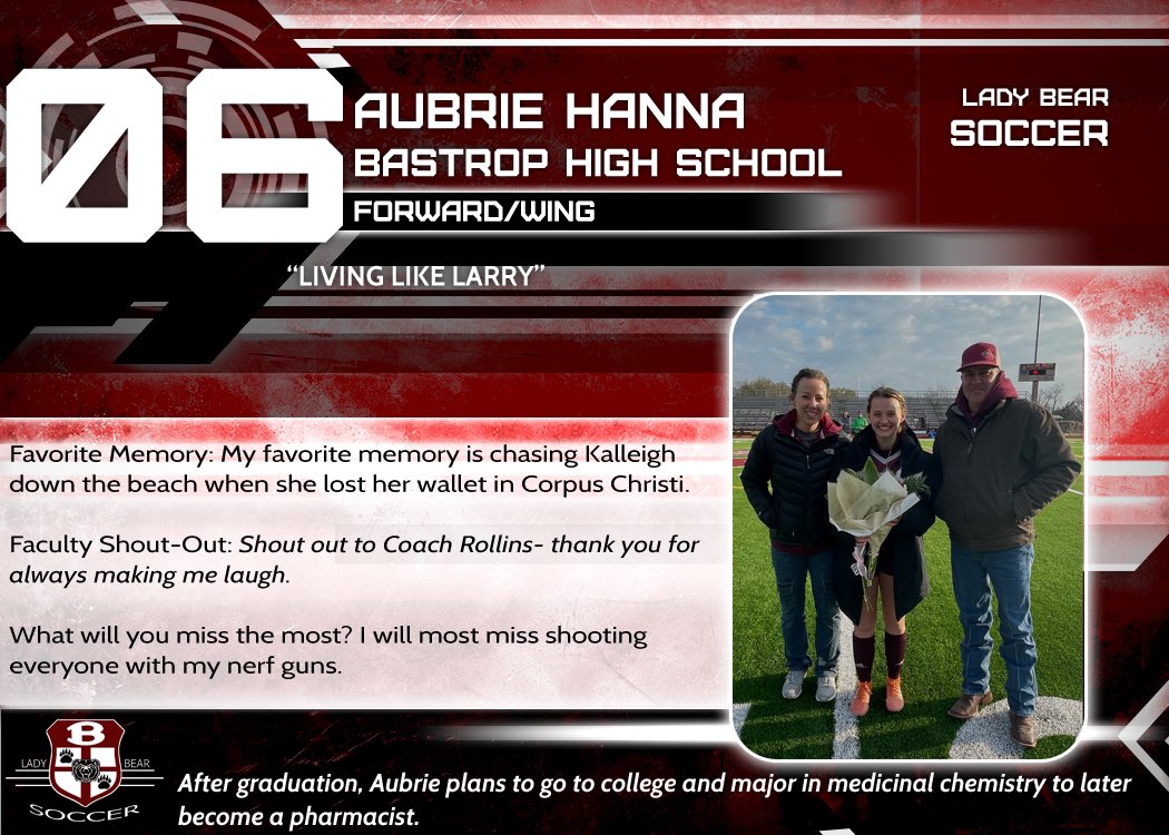 BHSgirl_soccer's tweet photo. ✨Showing off our SENIORS✨
For today’s #SeniorSpotlight we want to send a #shoutout to our senior forward, Aubrie Hanna. ⚽️🎓 #Classof2022 #senior #pharmasist #livinglikelarry @BastropISD @BastropHigh #effort @AubrieHanna https://t.co/0zqnKPq443