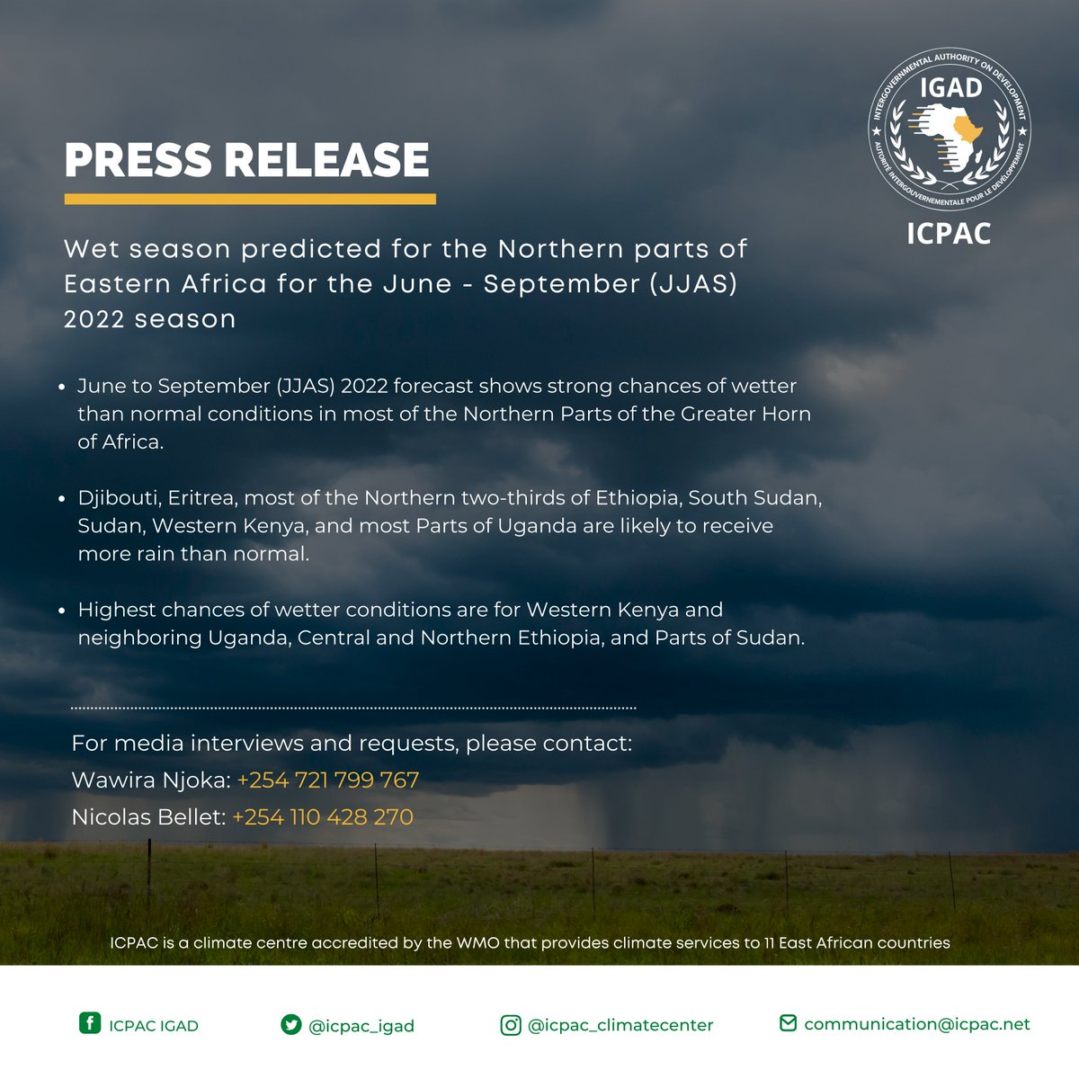 NecjoghaNews's tweet photo. ℹ️ #GHACOF61 PRESS RELEASE

@icpac_igad June to September (JJAS) 2022 forecast shows strong chances of wetter than normal conditions in most of the northern parts of  Greater Horn of Africa.
➡️ https://t.co/Cl1gpkh3bH
 #ClimateServices https://t.co/sDHyRSMYhK https://t.co/r5X0DuAACo
