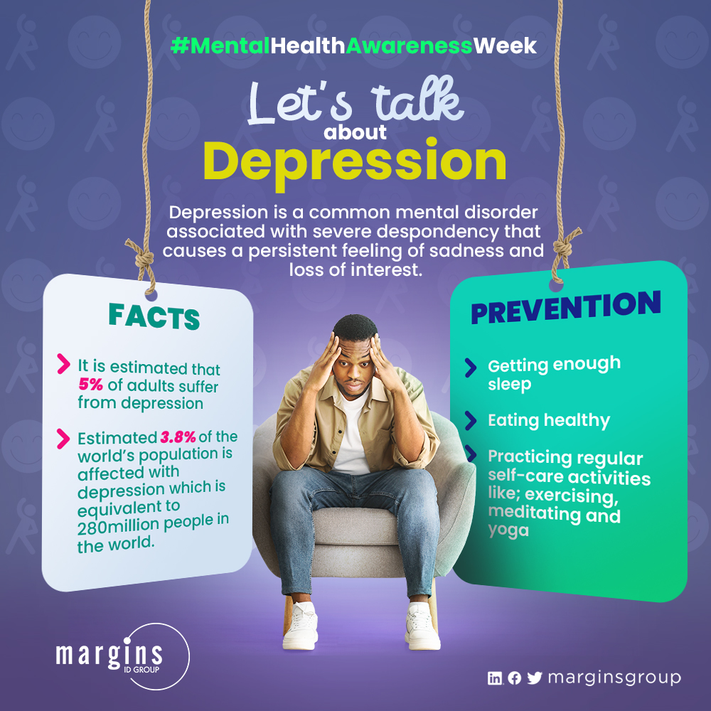 Depression can take a huge toll on how you feel and act. 
Do not suffer in silence; speak to a friend or family about what you are going through. #BreakTheStigma

#MentalHealthAwareness 
#MentalHealthAwarenesMonth 
#MentalHealthAwarenessWeek 
#MentalHealthMatters 

