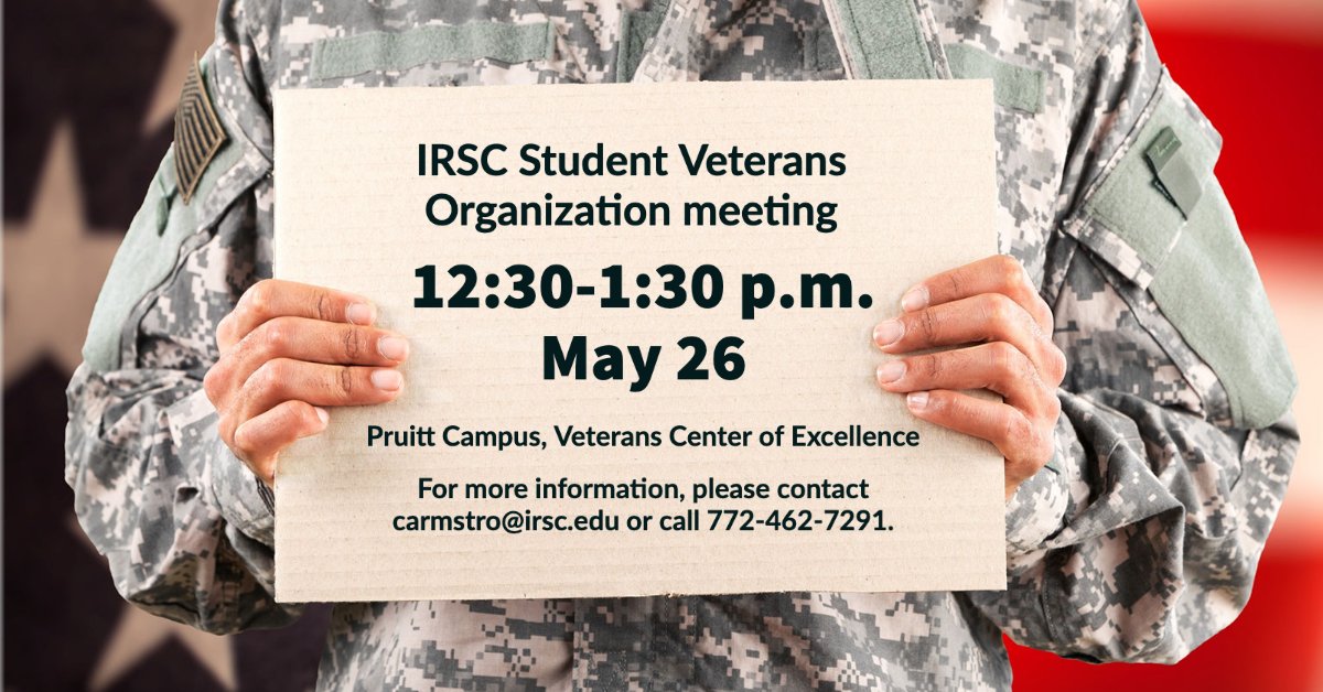 IRSCTheRiver's tweet photo. The Student Veterans Organization meets monthly. The goal is to develop a support network for our student veterans as they reengage and flourish as civilians. Learn more at
https://t.co/5lWzmjj3Wp
#IRSCVets #MilitaryAppreciationMonth @FLCollegeSystem @IRSCVets https://t.co/aeujDyIxvg
